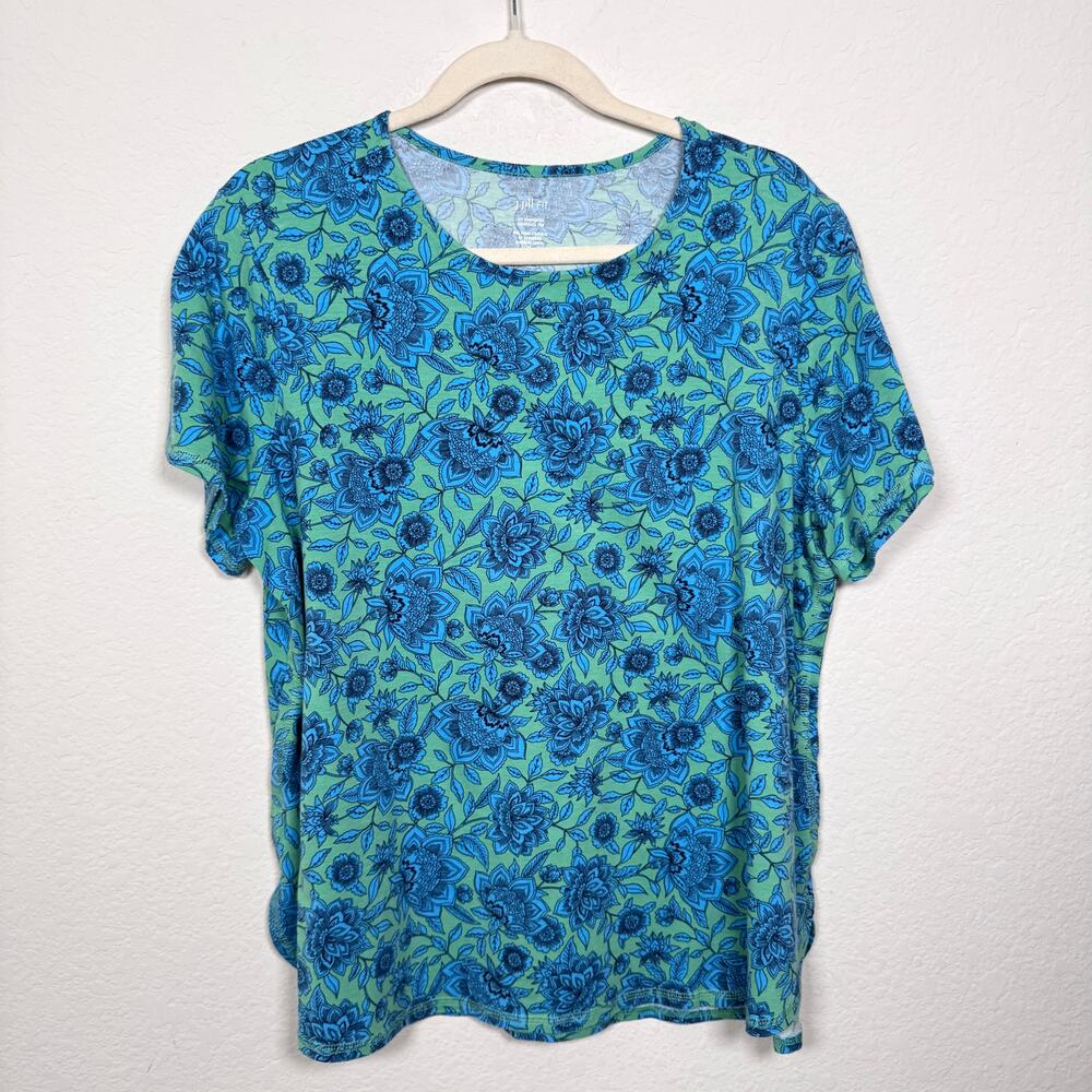 J. Jill Women Fit Progress Shirttail Tee Shirt Size XL Petite Floral Casual Blue